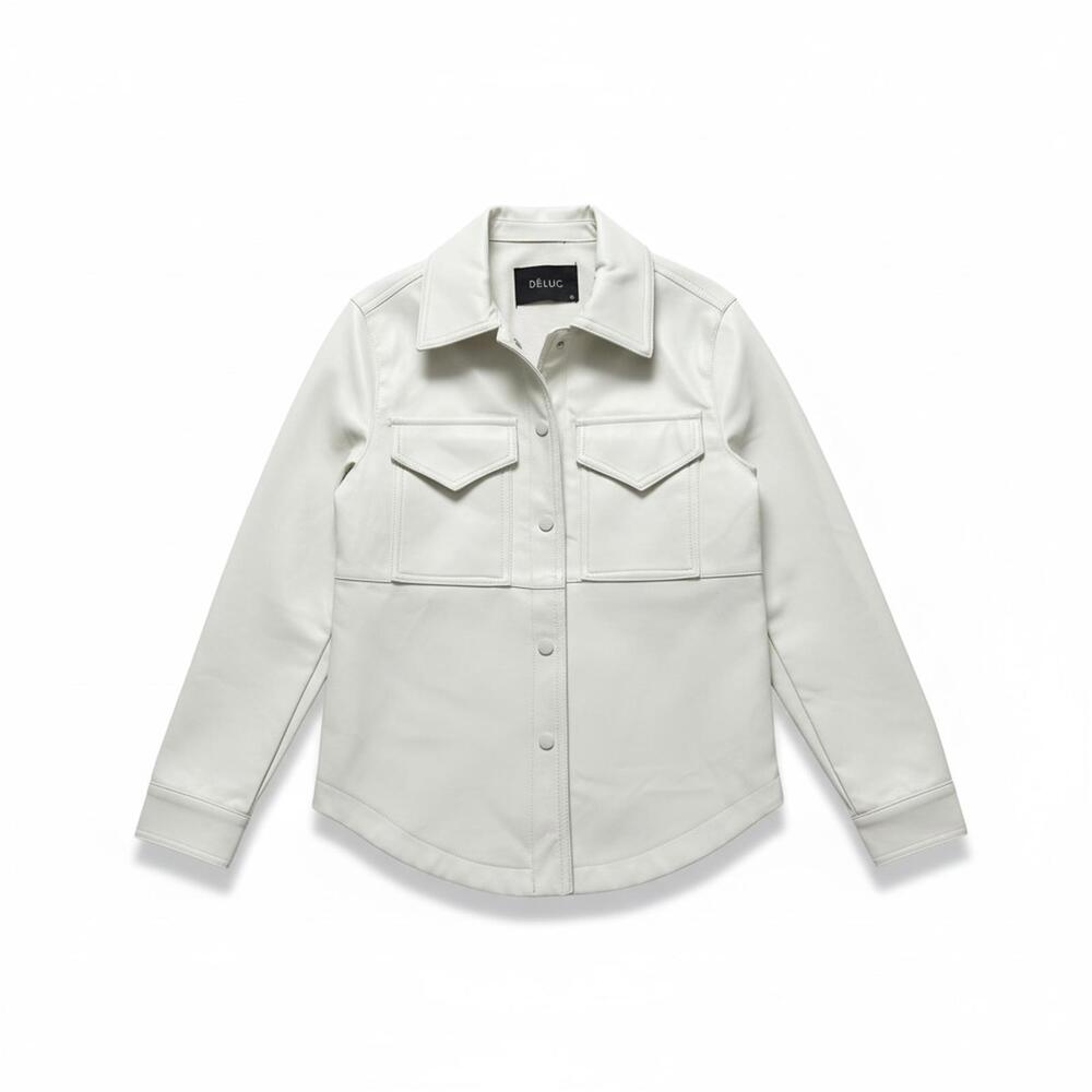 Deluc Faux Leather Shacket Cream Button Up Shirt Jacket Minimalist Chic Neutral